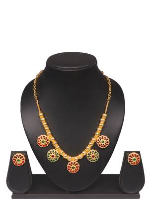 gold brass necklace set with stone floral work
 1