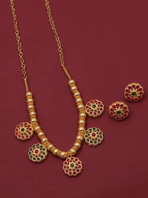 gold brass necklace set with stone floral work
 2