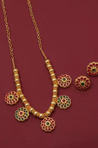 gold brass necklace set with stone floral work