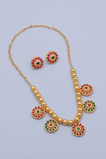 gold brass necklace set with stone floral work