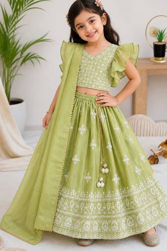 Perrot chinon silk frill sleeve design lehenga set
