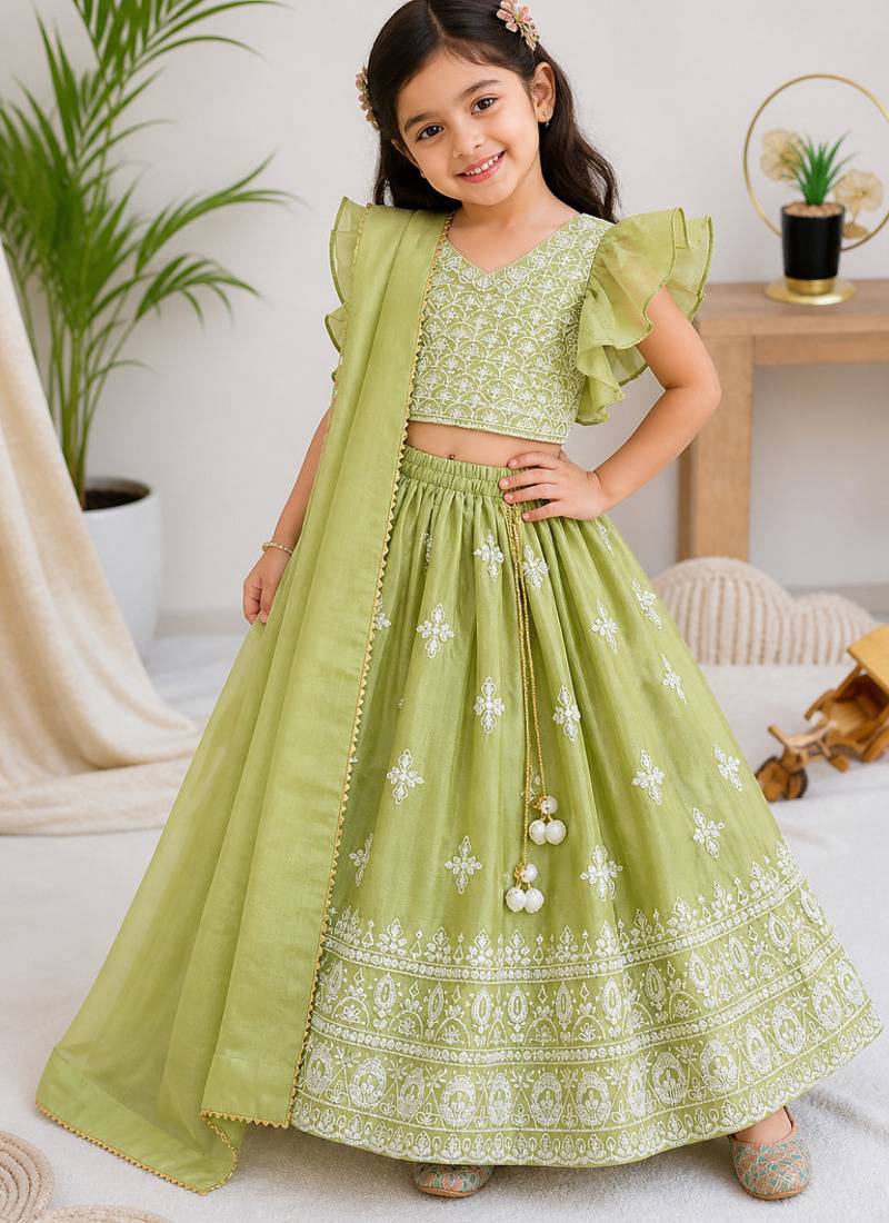 Perrot chinon silk frill sleeve design lehenga set