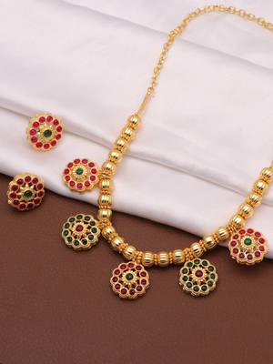 gold brass necklace set with stone floral work
 4