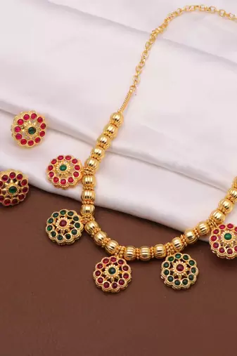 gold brass necklace set with stone floral work