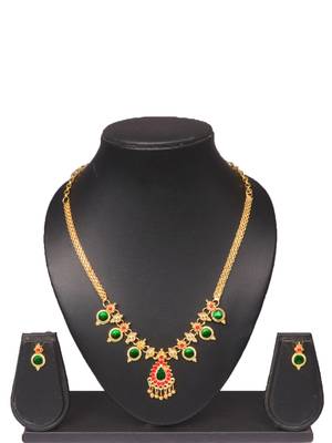gold brass necklace set with green pendant work
 1