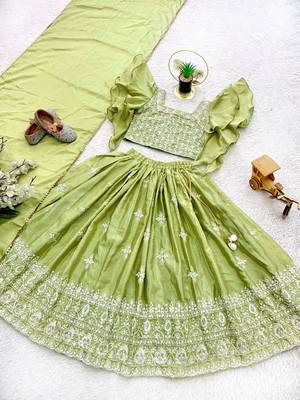 parrot green silk kids lehenga choli with embroidery design 2
