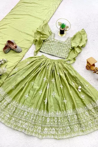 parrot green silk kids lehenga choli with embroidery design