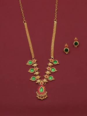 gold brass necklace set with green pendant work
 2