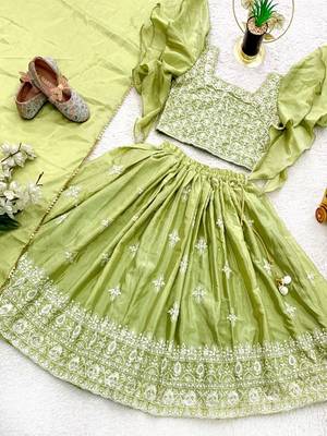 parrot green silk kids lehenga choli with embroidery design 3
