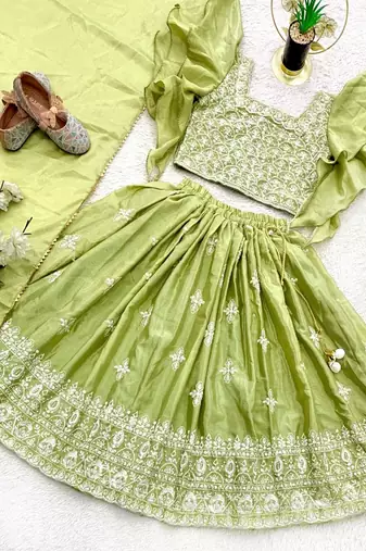 parrot green silk kids lehenga choli with embroidery design