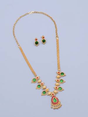 gold brass necklace set with green pendant work
 3