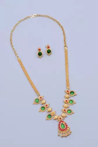 gold brass necklace set with green pendant work