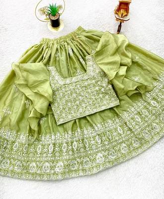 parrot green silk kids lehenga choli with embroidery design 4