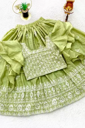 parrot green silk kids lehenga choli with embroidery design