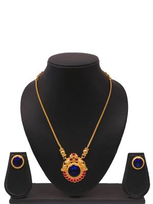 gold brass necklace set with blue stone work 1