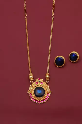 gold brass necklace set with blue stone work