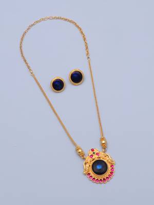gold brass necklace set with blue stone work 3