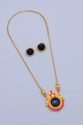 gold brass necklace set with blue stone work