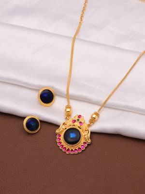 gold brass necklace set with blue stone work 4