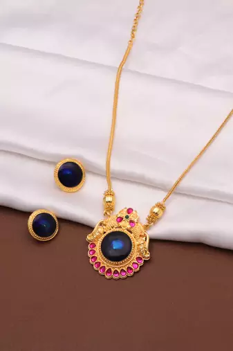 gold brass necklace set with blue stone work