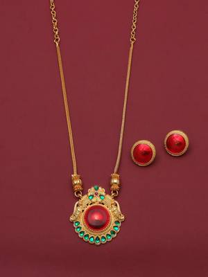 gold brass necklace set with red stone work 2