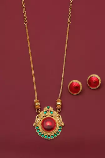 gold brass necklace set with red stone work