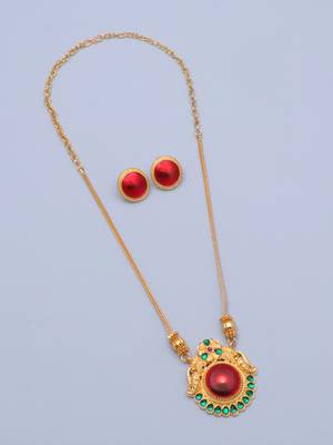 gold brass necklace set with red stone work 3