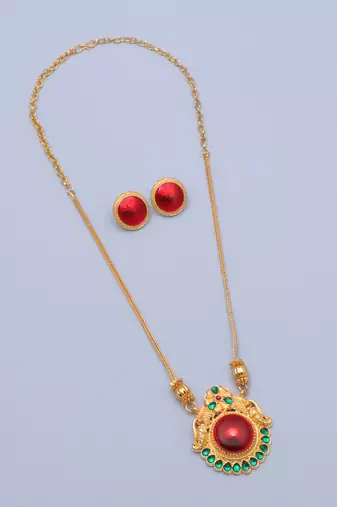 gold brass necklace set with red stone work
