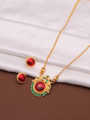 gold brass necklace set with red stone work 4