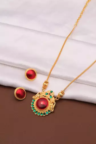 gold brass necklace set with red stone work