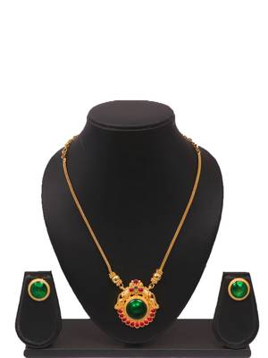gold brass necklace set with green stone work 1