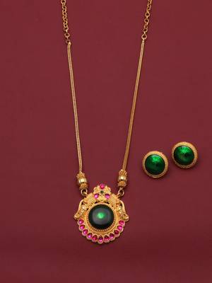 gold brass necklace set with green stone work 2