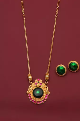 gold brass necklace set with green stone work