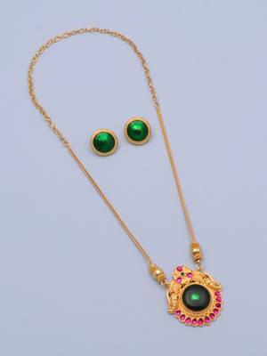 gold brass necklace set with green stone work 3