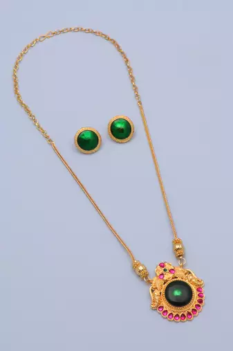 gold brass necklace set with green stone work
