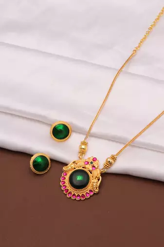 gold brass necklace set with green stone work
