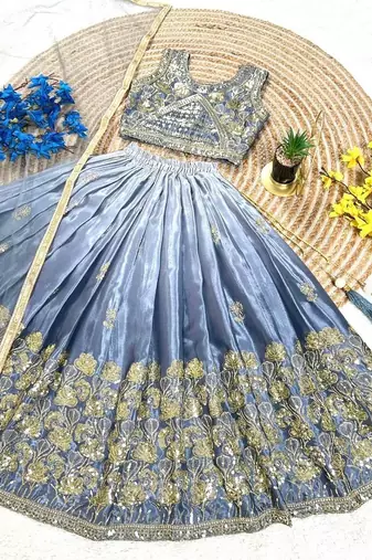 grey silk blend kids lehenga choli with sequins embroidery