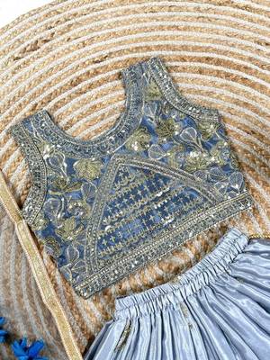 grey silk blend kids lehenga choli with sequins embroidery 3