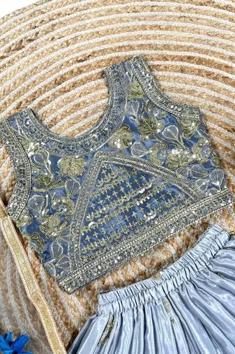 grey silk blend kids lehenga choli with sequins embroidery