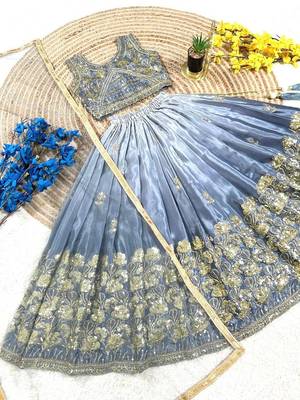 grey silk blend kids lehenga choli with sequins embroidery 4
