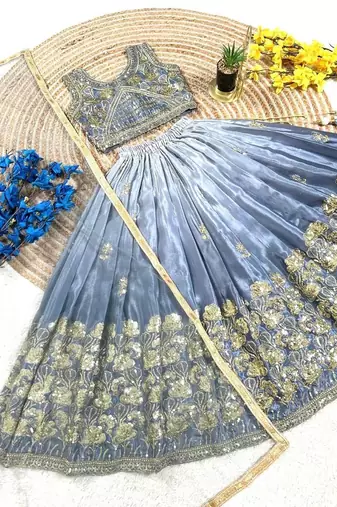 grey silk blend kids lehenga choli with sequins embroidery