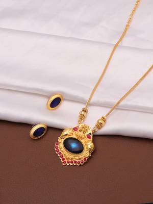 gold alloy jewellery set with blue pendant work 4