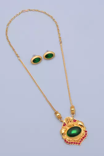 gold metal necklace set with green stone work
