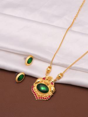 gold metal necklace set with green stone work 4