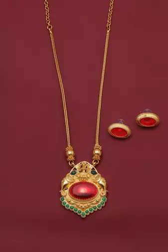 gold alloy necklace set with red stone work