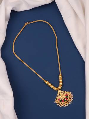 gold brass necklace with pearl work dokiya design 2