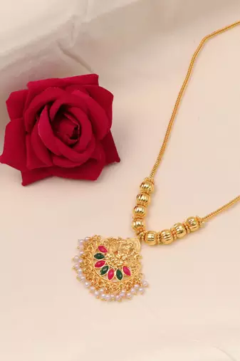 gold brass necklace with pearl work dokiya design