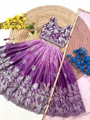 purple silk blend kids lehenga choli with sequins embroidery 2