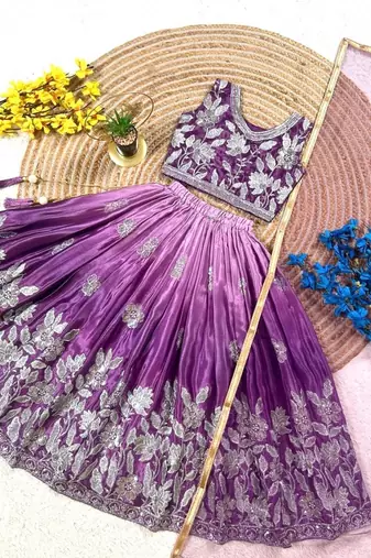 purple silk blend kids lehenga choli with sequins embroidery