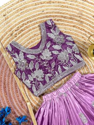 purple silk blend kids lehenga choli with sequins embroidery 3